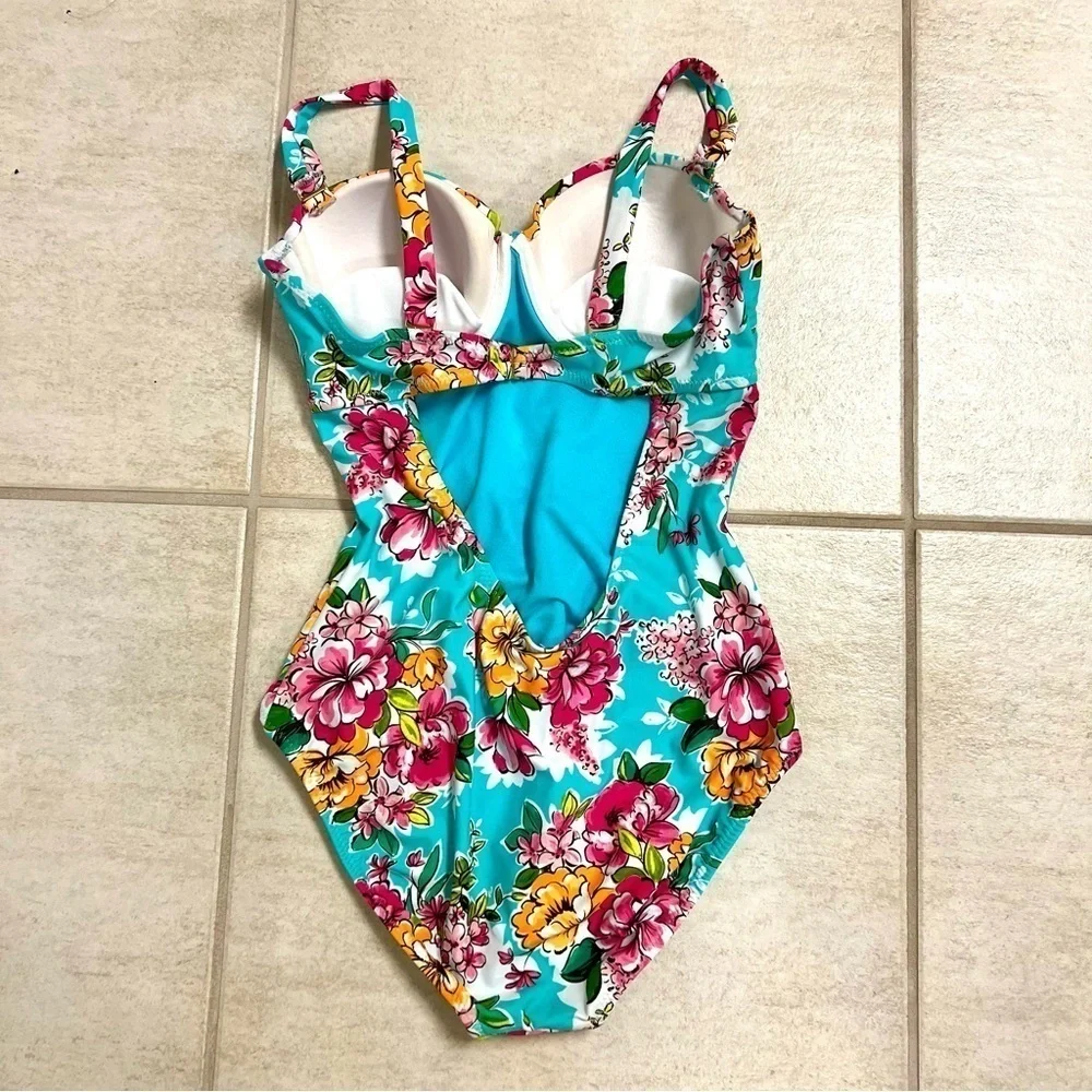 Leilani Push up Swimsuit Turquoise Blue Zinnias Floral women’s 10 multiple ways